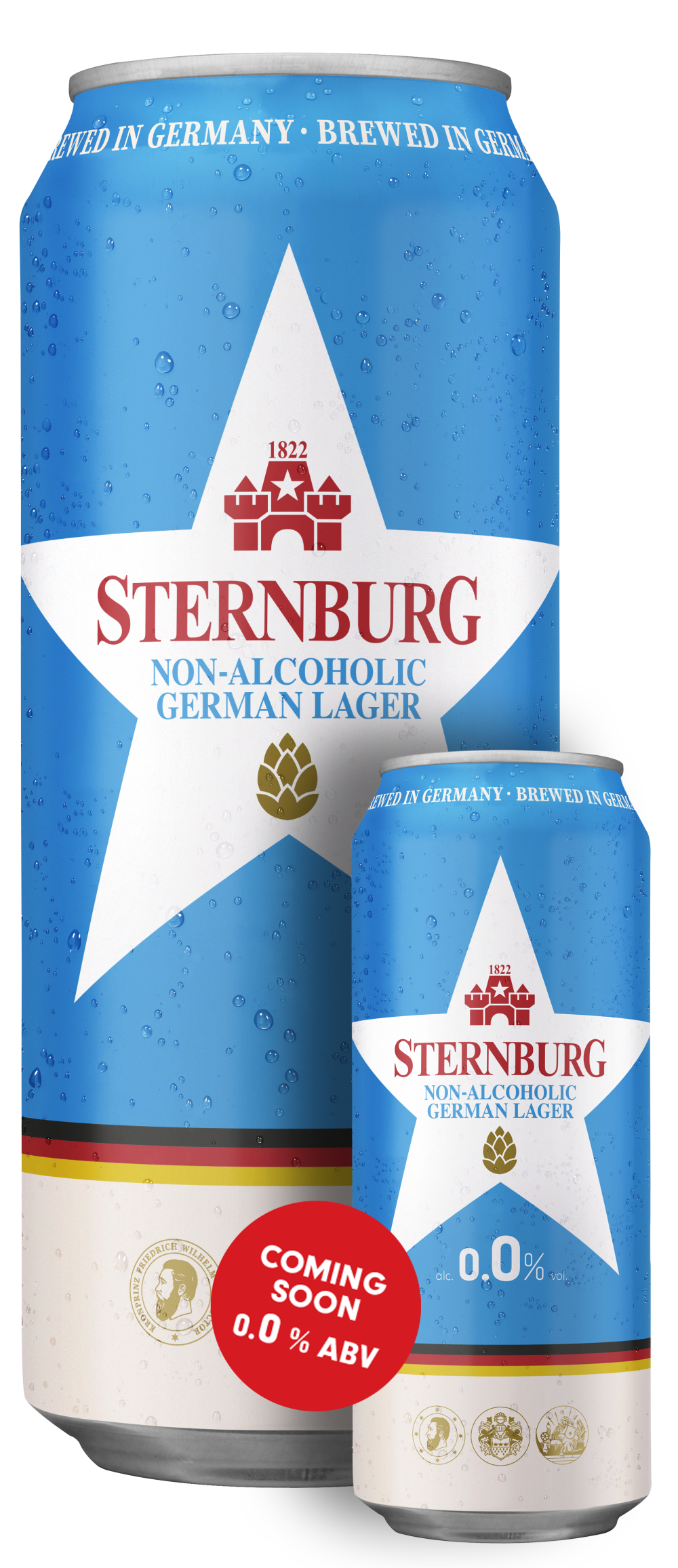 Two blue Sternburg beer cans of the brand Non-Alcoholic German Lager and the brand 0.0 % Non-Alcoholic German Lager.
