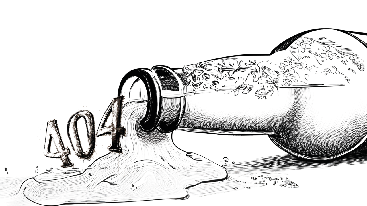 Twisted numbers 404 and plants are pouring out of an overturned bottle.