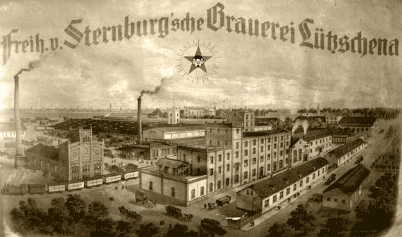Historic black-and-white view of the large brewery with multiple buildings and chimneys.