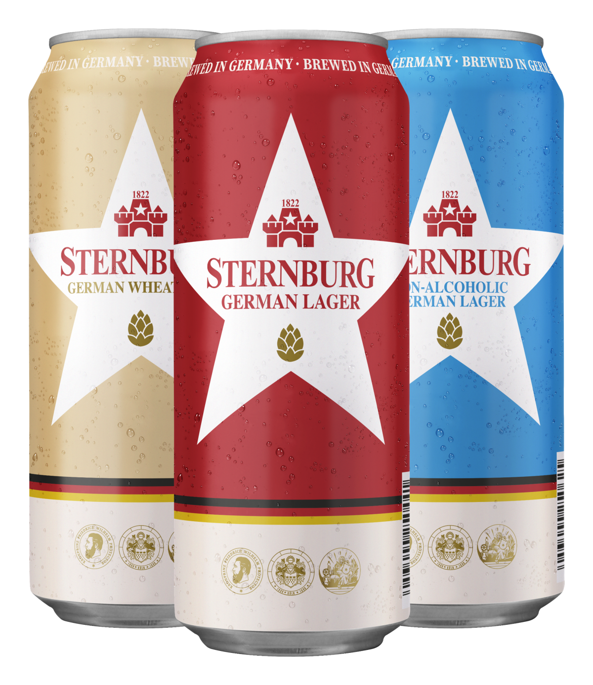 Three Sternburg beer cans. German Lager, German Non-Alcoholic, and German Wheat Beer.