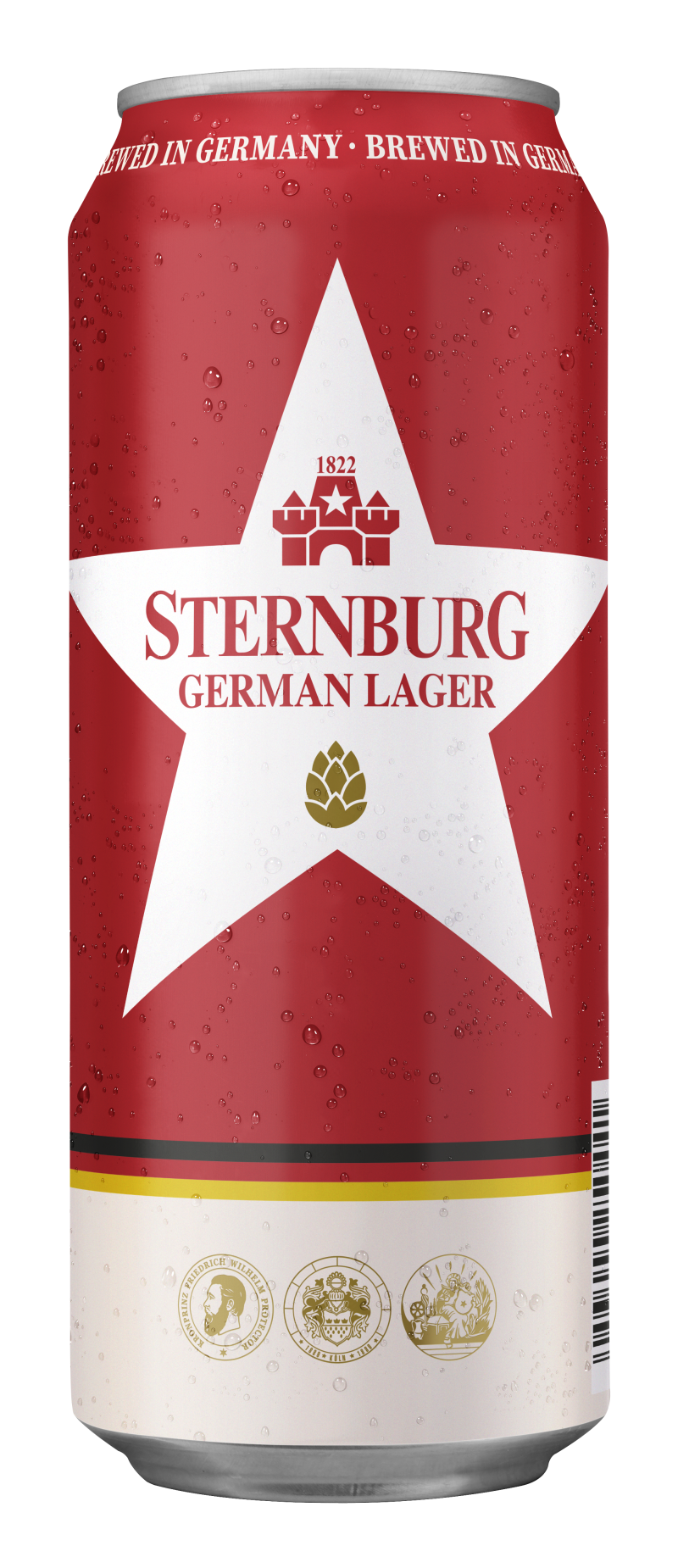 A red Sternburg beer can of the brand German Lager.