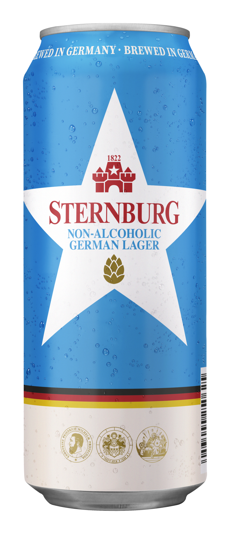 A blue Sternburg beer can of the brand Non-Alcoholic German Lager.