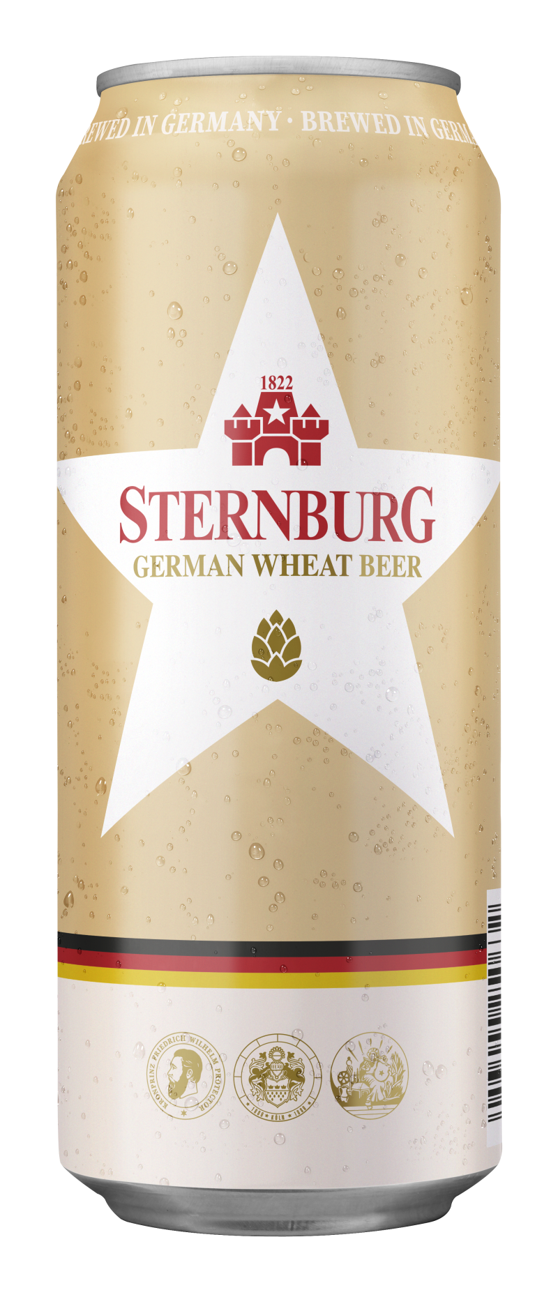 A golden Sternburg beer can of the brand German Wheat Beer.