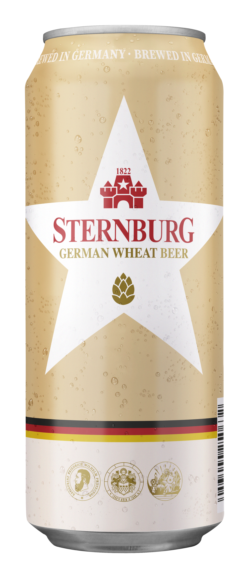 A golden Sternburg beer can of the brand German Wheat Beer  – To the product detail.
